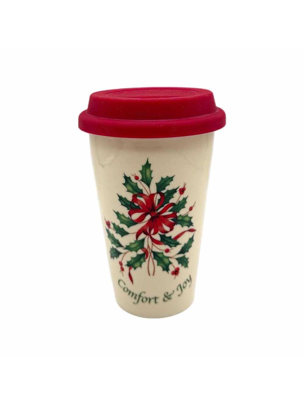 Lenox Holiday 12oz “Comfort & Joy” Ceramic Thermal Travel Mug Red Silicone Lid
